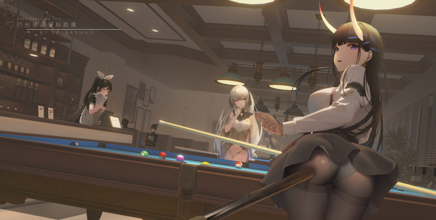 absurdres alternate_breast_size alternate_costume apron artist_name ass azur_lane ball billiard_ball black_hair black_panties black_pantyhose black_skirt breasts ceiling_light character_request commentary_request cue_stick dutch_angle formidable_(azur_lane) grey_hair high_ponytail highres holding_cue_stick huge_breasts indoors large_breasts leaning_forward long_hair long_sleeves noshiro_(azur_lane) panties panties_under_pantyhose pantyhose pool_table purple_eyes red_eyes sakawa_(azur_lane) shirt short_sleeves sitting skirt table translation_request twintails underwear variant_set very_long_hair white_apron white_panties white_shirt window_blinds yuebanmao