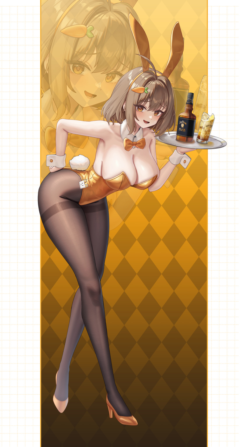 :d absurdres alcohol alternate_costume animal_ears anis_(nikke) bare_arms bare_shoulders bottle bow bowtie breasts brown_eyes brown_hair brown_pantyhose carrot_hair_ornament cleavage cup detached_collar fake_animal_ears fake_tail female food-themed_hair_ornament full_body goddess_of_victory:_nikke hair_ornament high_heels highres holding holding_tray jim_beam_(whiskey) large_breasts leaning_forward leotard looking_at_viewer open_mouth orange_bow orange_bowtie orange_footwear orange_leotard pantyhose playboy_bunny rabbit_ears rabbit_tail short_hair smile solo standing subob_(subobdesu) tail thighband_pantyhose thighs tray whiskey wrist_cuffs