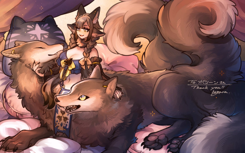 2024 3_heads 4_ears accessory animal_humanoid bed big_tail black_nails black_sclera blue_eyes bra braided_hair breasts brown_body brown_fur brown_hair canid canid_demon canid_humanoid canine canine_humanoid cerberus cerberustaur claws clothing colored_nails demon digital_media_(artwork) digital_painting_(artwork) ear_piercing english_text european_mythology fangs female fur furniture greek_mythology hair hair_accessory hair_ribbon happy headpat hellhound hi_res hogara humanoid japanese_text light_body light_skin lying mammal mammal_humanoid medium_hair midriff multi_ear multi_head multi_tail multicolored_eyes mythological_canine mythological_creature mythology nails navel on_bed on_front open_mouth pawpads petting piercing pillow ribbons signature smile solo sparkles tail taur teeth text tongue underwear yellow_eyes