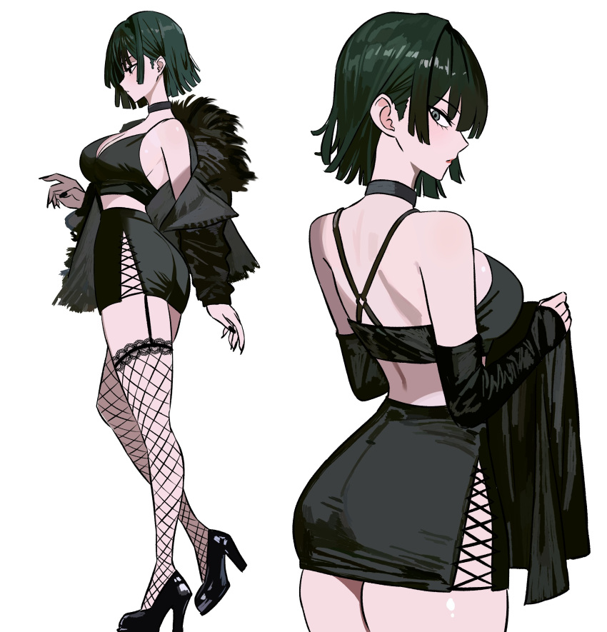 absurdres alternate_costume ass black_background black_choker black_footwear black_nails black_skirt breasts choker cleavage crop_top female fishnet_thighhighs fishnets fubuki_(one-punch_man) fur-trimmed_jacket fur_trim green_eyes green_hair high_heels highres jacket lace-trimmed_thighhighs lace_trim large_breasts looking_at_viewer looking_to_the_side miniskirt nail_polish off_shoulder one-punch_man open_clothes open_jacket simple_background skirt strap thighhighs zeon_(zzeeonn)