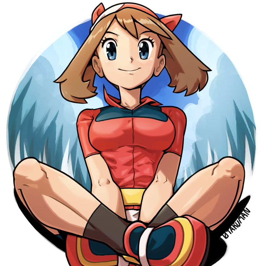 absurdres artist_name bandana blue_eyes breasts brown_hair closed_mouth collared_shirt commentary eyelashes female from_below highres knees looking_down may_(pokemon) otakuman pokemon pokemon_rse red_footwear red_shirt shirt shoes short_sleeves sitting skirt smile socks solo white_skirt