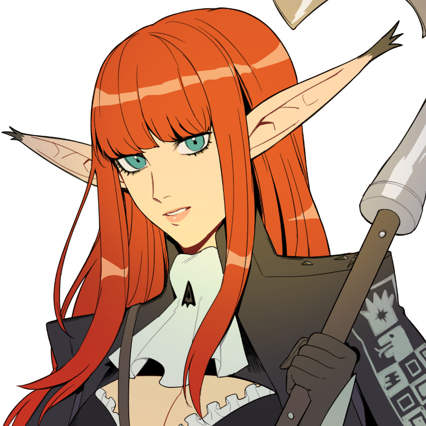 breasts cleavage female green_eyes highres holding holding_polearm holding_weapon hulkenberg_(metaphor:_refantazio) large_breasts long_hair looking_at_viewer metaphor:_refantazio pointy_ears polearm radiostarkiller red_hair simple_background solo upper_body weapon