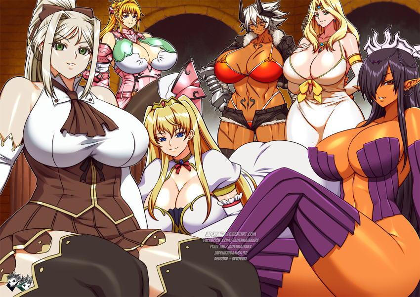 6+girls armor bare_shoulders black_hair blonde_hair blue_eyes braid breasts buta_hime-sama buta_no_gotoki_sanzoku_ni_torawarete_shojo_wo_ubawareru_kyonyuu_himekishi_&_onna_sensh cleavage cutoffs dark-skinned_female dark_elf dark_skin denim denim_shorts detached_sleeves dutch_angle earrings elf flexing gloves greaves green_eyes grey_hair hair_over_one_eye hair_ribbon henrietta_knight high_ponytail himekishi_lilia horns huge_breasts inda_no_himekishi_janne irena_(buta_hime-sama) jacket jadenkaiba jeanne_grenoble jewelry kuroinu_~kedakaki_seijo_wa_hakudaku_ni_somaru~ large_breasts leather leather_jacket lilia_eberwein long_hair looking_at_viewer multiple_earrings multiple_girls muscular muscular_female navel nippleless_clothes nipples olga_discordia open_mouth pointy_ears ponytail princess purple_sleeves purple_thighhighs queen red_eyes revealing_clothes ribbon scar short_hair shorts sidelocks sitting smile stepped_on straight tattoo thighhighs very_long_hair warrior_helga white_hair yellow_eyes