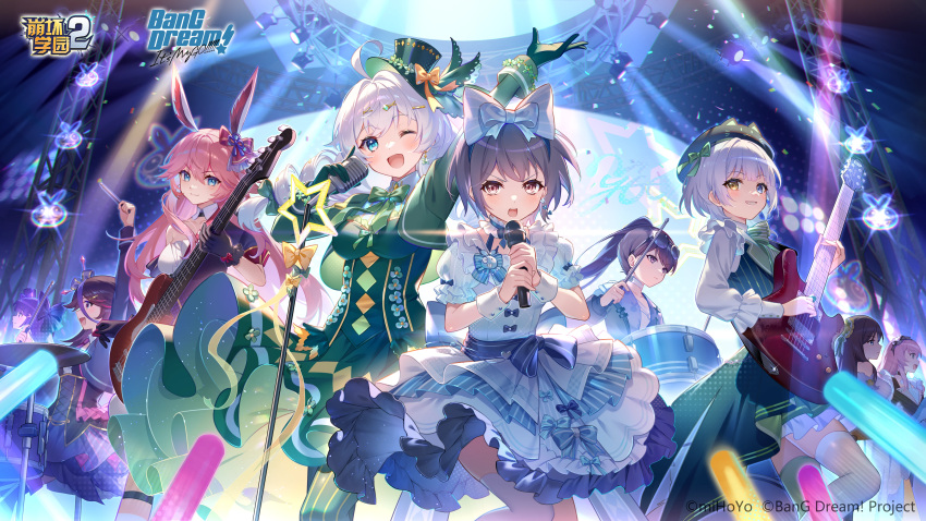 6+girls absurdres animal_ears bang_dream! bang_dream!_it's_mygo!!!!! benghuai_xueyuan beret black_gloves blue_eyes bow breasts brown_hair chihaya_anon closed_mouth concert copyright_name crossover dress drum drum_set drumsticks earrings eyewear_on_head fox_ears frilled_dress frills gloves glowstick green_dress green_gloves grey_hair guitar hair_ornament hair_ribbon hairbow hairclip hat heterochromia highres holding holding_drumsticks holding_guitar holding_instrument holding_microphone holding_microphone_stand honkai_(series) houraiji_kyuushou idol instrument jewelry kaname_raana kiana_kaslana long_hair microphone microphone_stand mini_hat mole mole_under_eye multiple_girls music nagasaki_soyo official_art one_eye_closed open_mouth pink_hair playing_guitar playing_instrument purple_eyes purple_hair raiden_mei ribbon second-party_source shiina_taki single_bare_shoulder smile stage stage_lights takamatsu_tomori white_bow white_dress white_hair yae_sakura yellow_eyes