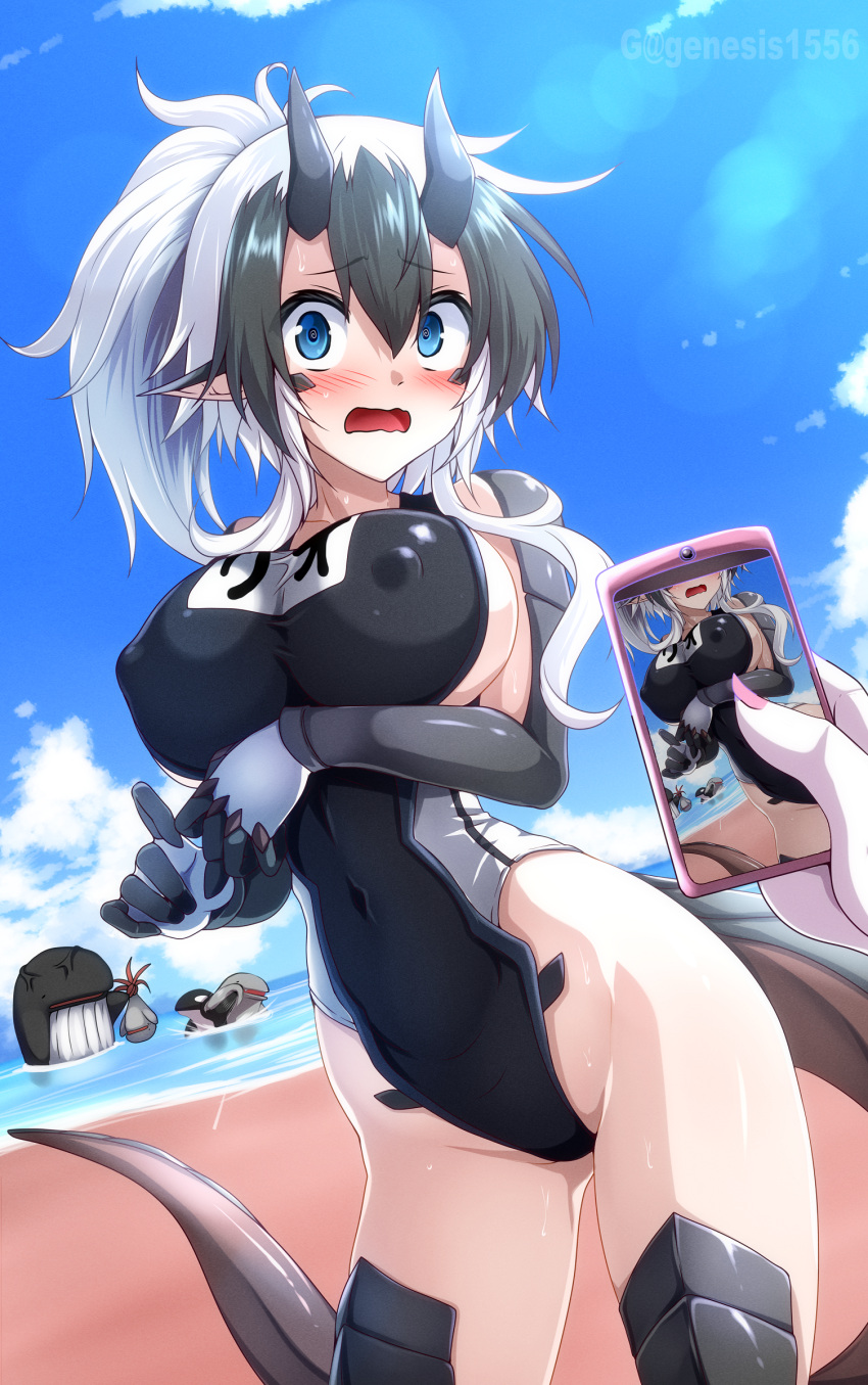 1boy absurdres blush breasts cellphone cellphone_photo covered_navel covered_nipples dragon_girl dragon_horns dragon_tail female g_(genesis1556) genderswap_(mtf) highleg highleg_one-piece_swimsuit highres holding holding_phone horns large_breasts monster_girl multicolored_hair one-piece_swimsuit original phone ponytail rio_(g_(genesis1556)) rule_63 scales shark sharktopus sideboob sky smartphone swimsuit tail taking_picture two-tone_hair white_hair white_whale