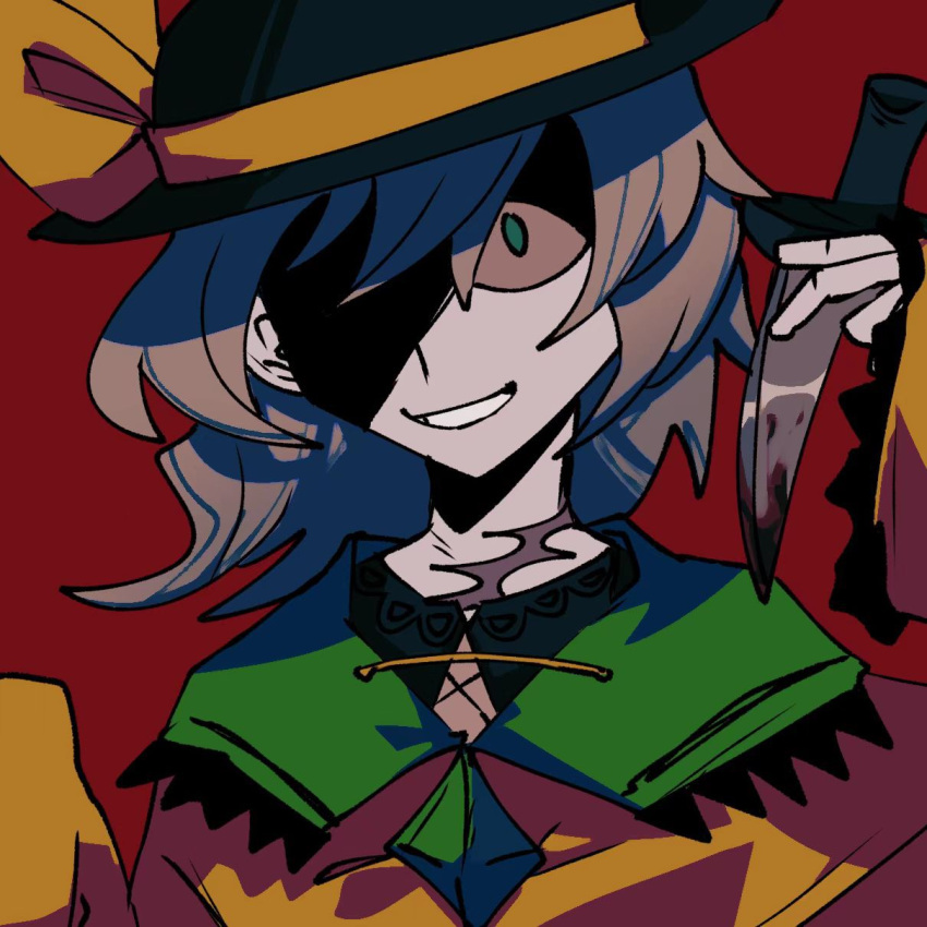 black_hat blood blood_on_knife bow brown_bow brown_shirt collar colored_sclera colored_skin commentary_request female green_collar green_eyes grey_sclera grey_skin grin hair_between_eyes hat hat_bow highres holding holding_knife knife komeiji_koishi long_sleeves looking_at_viewer red_background shiri_fusang shirt simple_background smile solo touhou upper_body wide_sleeves