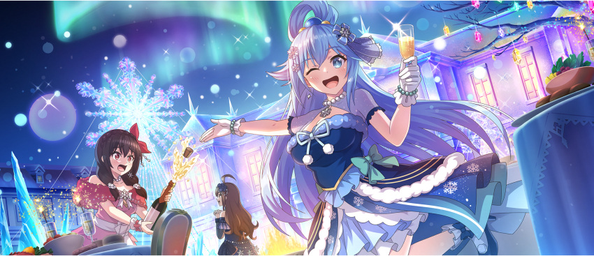 ;d alcohol aqua_(konosuba) aqua_bow aurora blue_background blue_bow blue_dress blue_eyes blue_footwear blue_hair bow bracelet breasts center_opening champagne champagne_flute cleavage cup dress drinking_glass frilled_gloves frilled_sleeves frills fur-trimmed_dress fur_trim game_cg gloves hair_ornament hairbow high_heels highres jewelry kono_subarashii_sekai_ni_shukufuku_wo! konosuba_fantastic_days large_breasts leg_up long_hair looking_at_viewer multicolored_clothes multicolored_dress necklace new_year night night_sky official_art one_eye_closed outstretched_arm pearl_bracelet pearl_necklace pendant pleated_dress print_dress ribbon see-through_clothes see-through_sleeves single_hair_ring sky smile white_gloves wiz_(konosuba) yunyun_(konosuba)