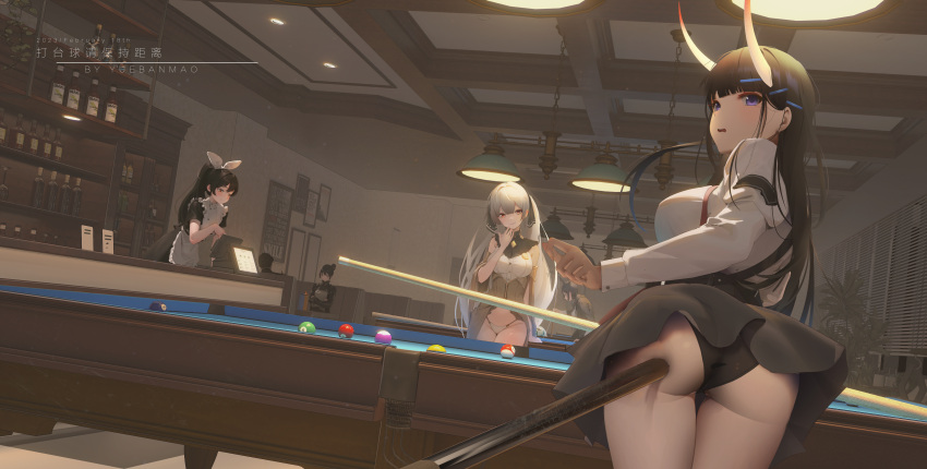 absurdres alternate_breast_size alternate_costume apron artist_name ass azur_lane ball billiard_ball black_hair black_panties black_skirt breasts ceiling_light character_request commentary_request cue_stick dutch_angle formidable_(azur_lane) grey_hair high_ponytail highres holding_cue_stick huge_breasts indoors large_breasts leaning_forward long_hair long_sleeves noshiro_(azur_lane) panties pool_table purple_eyes red_eyes sakawa_(azur_lane) shirt short_sleeves sitting skirt table translation_request twintails underwear variant_set very_long_hair white_apron white_panties white_shirt window_blinds yuebanmao