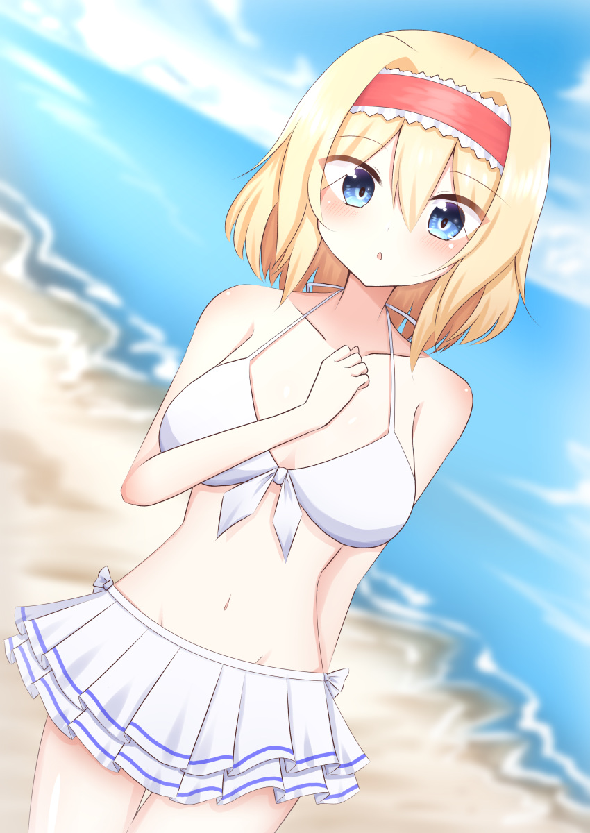 :o absurdres alice_margatroid beach bikini blonde_hair blue_eyes blue_sky blurry blurry_background blush breasts cloud collarbone commentary_request cowboy_shot day female frilled_bikini_bottom front-tie_bikini_top front-tie_top hair_between_eyes hairband highres large_breasts looking_at_viewer navel ocean open_mouth outdoors partial_commentary red_hairband satsuki_koyomi short_hair sky solo stomach swimsuit touhou water white_bikini