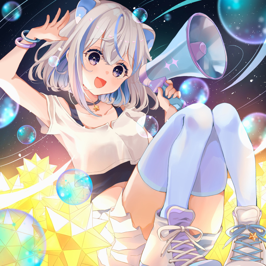 :d absurdres animal_ears blue_hair blue_thighhighs blush bracelet bubble choker collarbone colored_inner_hair female full_body grey_hair highres holding holding_megaphone iriam jewelry megaphone miria_(iriam) mismatched_shoelaces multicolored_hair official_art pleated_skirt purple_eyes rino_cnc shoes skirt smile sneakers solo star_(symbol) star_choker streaked_hair thighhighs tongue white_footwear white_skirt