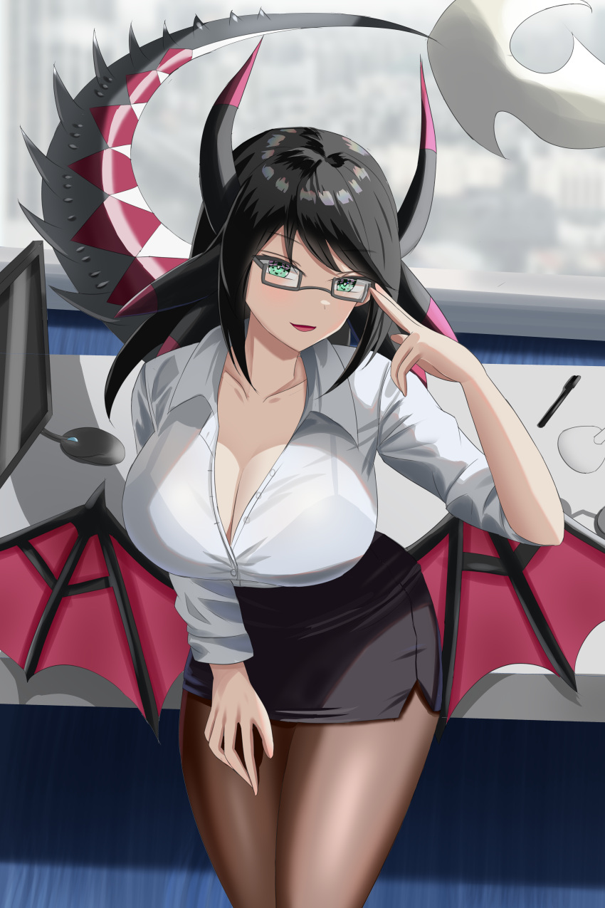 absurdres black_hair blush breasts cleavage computer dragon_girl dragon_horns dragon_tail dragon_wings dress duel_monster female ghostrider_(ghost_and_rider) glasses green_eyes highres horns house_dragonmaid large_breasts office_lady pantyhose red_wings tail wings yu-gi-oh!