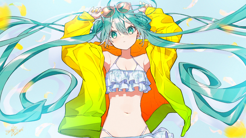 2021 absurdres aqua_eyes aqua_hair bikini blue_background blush breasts cleavage closed_mouth dated eyewear_on_head female floral_print frilled_skirt frills frown gradient_clothes gradient_jacket hair_between_eyes hatsune_miku highres jacket midriff navel open_clothes open_jacket orange_nails sa_jitsu signature skirt solo sunglasses swimsuit twintails vocaloid white_bikini