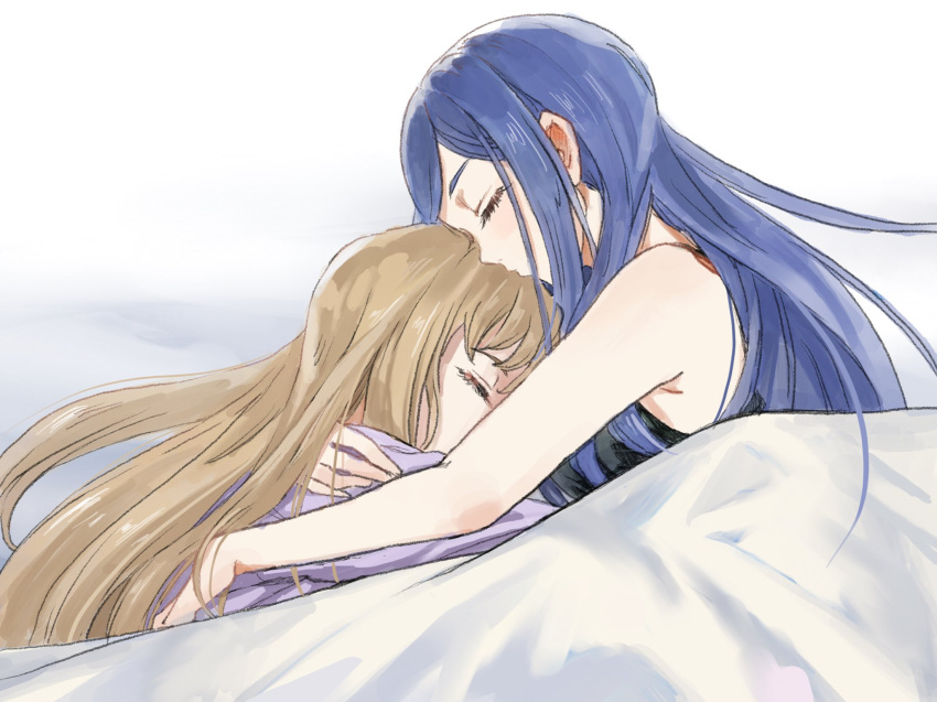 2girls black_tank_top blue_hair brown_hair closed_eyes closed_mouth commentary cuddling fujino_shizuru hashtag-only_commentary highres hug kuga_natsuki long_hair multiple_girls my-hime nichiju_(you) purple_hair tank_top under_covers yuri