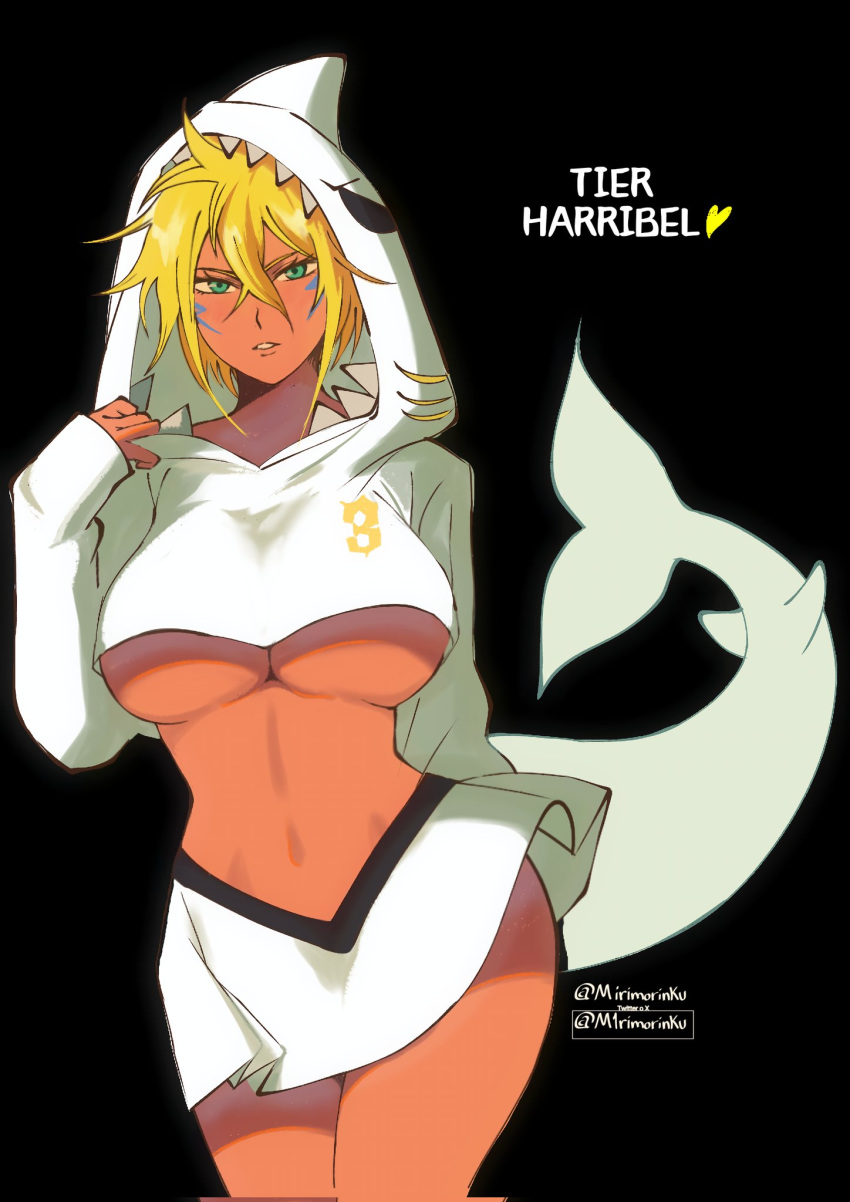 animal_hood bleach blonde_hair breasts dark-skinned_female dark_skin facial_mark female green_eyes hair_between_eyes highres hood huge_breasts large_breasts long_hair looking_at_viewer m1rimorinku navel revealing_clothes shark_hood skirt solo tattoo tier_harribel underboob