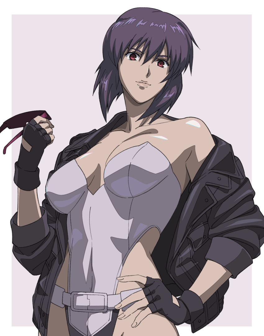 belt black_gloves black_jacket breasts closed_mouth commentary_request female fingerless_gloves ghost_in_the_shell ghost_in_the_shell_stand_alone_complex gloves hair_between_eyes hand_on_own_hip highleg highleg_leotard highres holding holding_removed_eyewear jacket kusanagi_motoko leather leather_jacket leotard looking_at_viewer medium_breasts open_clothes open_jacket pu-chin purple-tinted_eyewear purple_hair red_eyes short_hair simple_background smile solo strapless strapless_leotard sunglasses tinted_eyewear unworn_eyewear