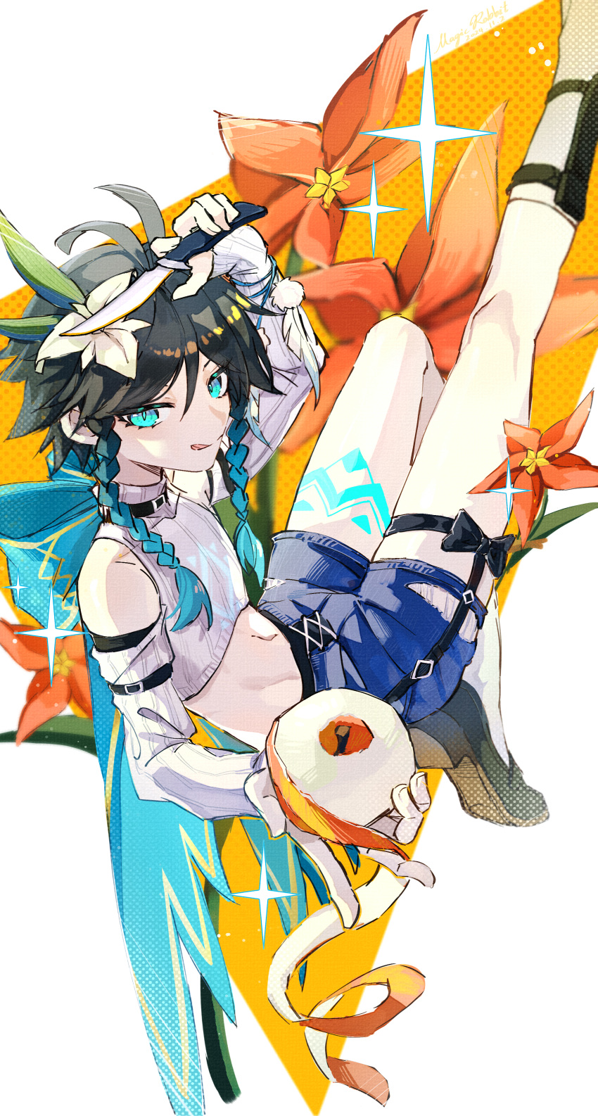 1boy absurdres ahoge antenna_hair apple apple_peel aqua_bow aqua_eyes aqua_hair bare_shoulders black_bow black_hair bow braid braided_sidelock denim denim_shorts detached_sleeves eyelashes feet_out_of_frame flower food fruit full_body genshin_impact gradient_hair hair_between_eyes hair_flower hair_ornament highres holding holding_food holding_fruit holding_knife knife large_bow leg_tattoo long_hair long_sleeves looking_at_viewer magicrabbit49586 male_focus midriff multicolored_hair navel otoko_no_ko red_flower screentones shorts solo tattoo tongue tongue_out venti_(genshin_impact) white_background white_flower