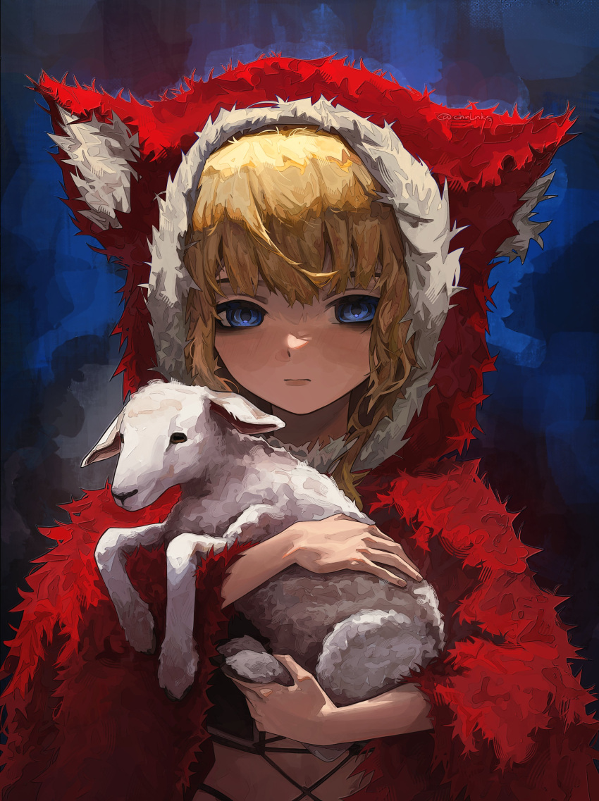 absurdres animal animal_ears black_souls black_souls_2 blonde_hair blue_eyes cape closed_mouth female fur_cape highres holding holding_animal hood hooded_cape lamb long_hair red_cape red_hood red_hood_(black_souls) sheep solo uchilose upper_body wolf_ears