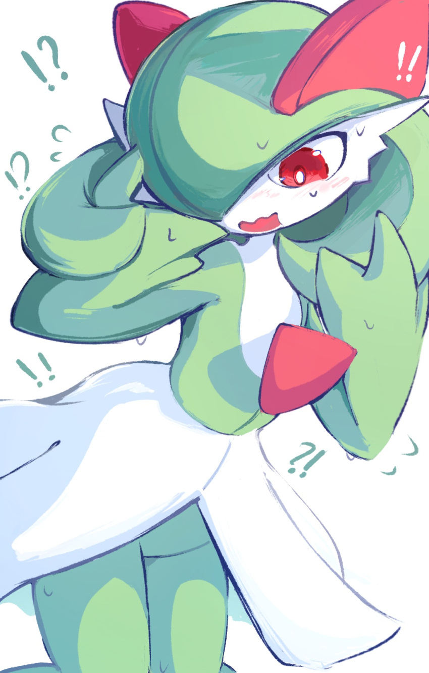 ! !! !? alternate_hair_length alternate_hairstyle blush bright_pupils colored_skin commentary_request female flat_chest flying_sweatdrops fusion gardevoir green_hair green_skin groin hair_over_one_eye hands_up highres kirlia knees_together_feet_apart light_blush looking_at_self looking_down medium_hair multicolored_skin my_(my_6633) nose_blush one_eye_covered open_mouth pokemon pokemon_(creature) red_eyes simple_background solo standing surprised sweat thighs two-tone_skin wavy_mouth white_background white_pupils white_skin