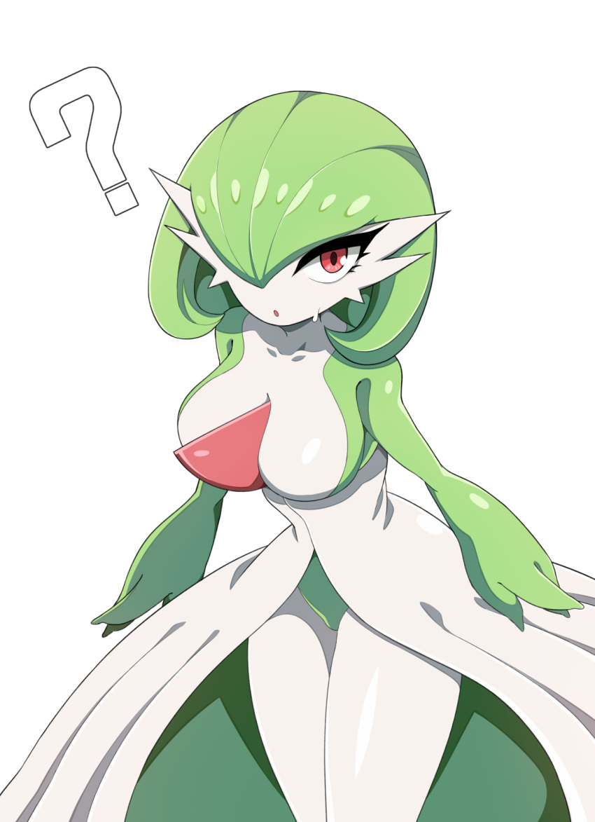 :o ? bob_cut breasts collarbone colored_skin commentary cowboy_shot danut female gardevoir green_hair green_panties green_skin hair_over_one_eye highres large_breasts leaning_forward legs_together looking_at_viewer multicolored_skin one_eye_covered open_mouth panties pokemon pokemon_(creature) red_eyes short_hair simple_background solo standing sweat thick_thighs thighs two-tone_skin underwear white_background white_skin