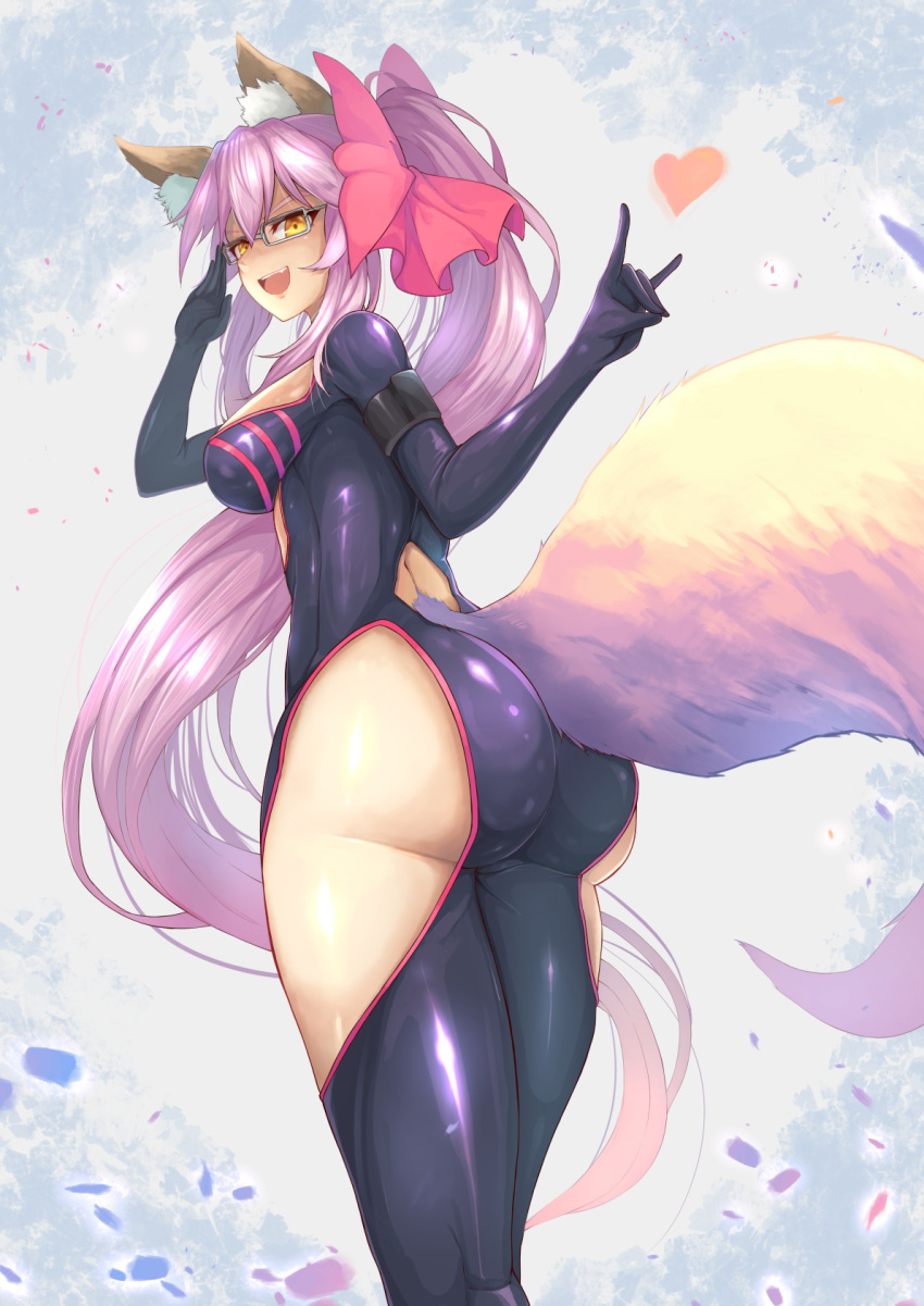 animal_ears ass bodysuit breasts fate/grand_order fate_(series) fox_ears fox_girl fox_tail glasses heart koyanskaya_(assassin) koyanskaya_(assassin_first_ascension) koyanskaya_(fate) latex looking_at_viewer looking_back pink_hair shaded_face shiny_clothes skin_tight smile tight_clothing yellow_eyes