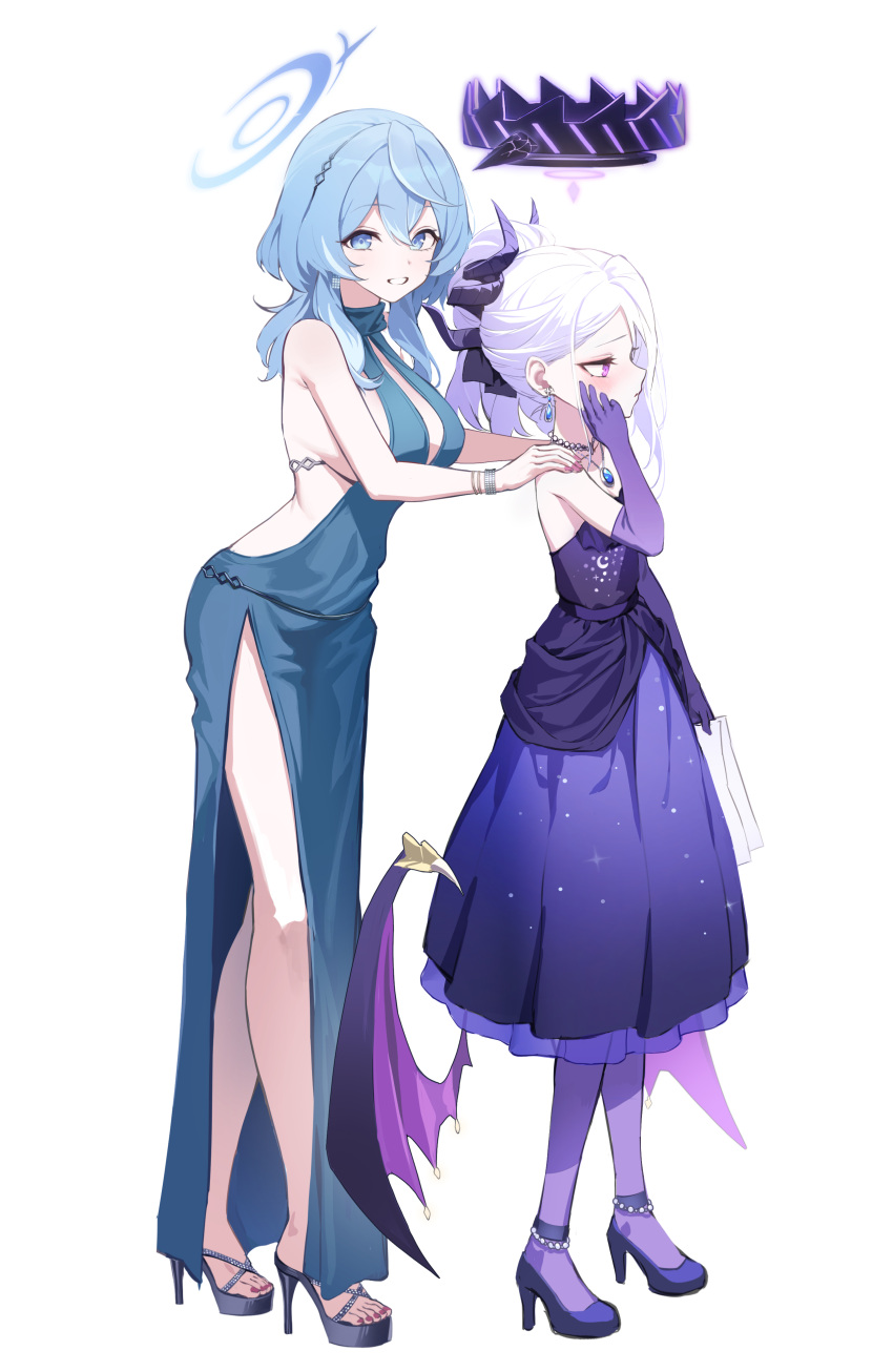 2girls absurdres ako_(blue_archive) ako_(dress)_(blue_archive) backless_dress backless_outfit bare_shoulders blue_archive blue_eyes blue_hair breasts demon_horns dress elbow_gloves full_body gloves halo high_heels highres hina_(blue_archive) hina_(dress)_(blue_archive) horns large_breasts multiple_girls official_alternate_costume purple_eyes sideboob simple_background small_breasts smile soy_chicken white_background white_hair