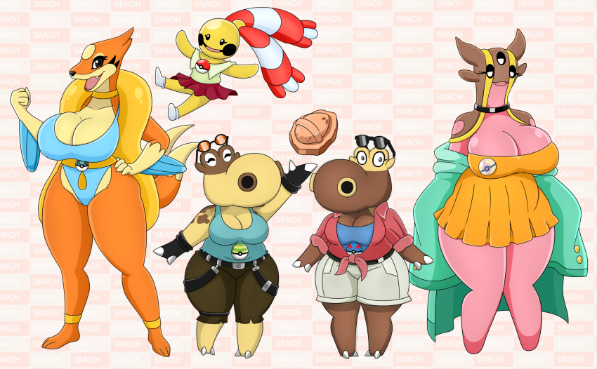 2024 2_tails 3_eyes 3_toes 4_fingers anthro barefoot big_breasts bikini biped black_nose blue_bikini blue_clothing blue_swimwear bottomwear breasts brown_body brown_breasts brown_nose brown_skin chingling clothing dress eyewear eyewear_on_head feet female fingers floatzel gastrodon generation_4_pokemon glasses gloves group half-closed_eyes handwear hi_res hippopotas looking_at_viewer multi_eye multi_tail narrowed_eyes nintendo noseless open_mouth orange_body orange_skin pattern_background pink_body pink_breasts pink_skin pokeball pokemon pokemon_(species) simple_background size_difference skirt standing sunglasses sunglasses_on_head swimwear tail text toes urusee584 west_sea_gastrodon yellow_body yellow_breasts yellow_clothing yellow_dress yellow_skin