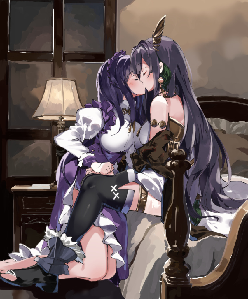 2girls altina_(fire_emblem) altina_(unrivaled_dawn)_(fire_emblem) ayra_(fire_emblem) ayra_(tea_party)_(fire_emblem) bare_shoulders black_hair black_thighhighs blush breasts closed_eyes commentary_request dress fire_emblem fire_emblem:_genealogy_of_the_holy_war fire_emblem:_radiant_dawn fire_emblem_heroes frilled_dress frills highres horns indoors juliet_sleeves kissing kneeling lamb_(hitsujiniku) large_breasts long_hair long_sleeves maid medium_breasts multiple_girls night official_alternate_costume on_bed profile puffy_sleeves purple_dress purple_hair shirt sitting thighhighs toeless_footwear very_long_hair white_shirt window yuri