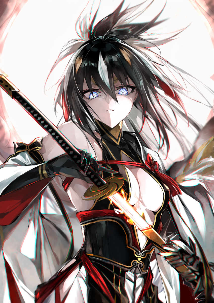 absurdres armor backlighting bare_shoulders black_gloves black_hair black_shirt black_skirt blue_eyes breasts center_opening cleavage detached_sleeves drawing_sword facial_mark fate/grand_order fate_(series) female forehead_mark gloves glowing glowing_eyes gold_trim hair_between_eyes halterneck high_ponytail highres holding holding_sword holding_weapon japanese_armor katana kino_kokko layered_skirt long_hair looking_at_viewer medium_breasts multicolored_hair nagao_kagetora_(fate) sheath shirt sidelocks skirt solo sword two-tone_hair uesugi_kenshin_(fate) uesugi_kenshin_(third_ascension)_(fate) very_long_hair weapon white_hair white_skirt wide_sleeves