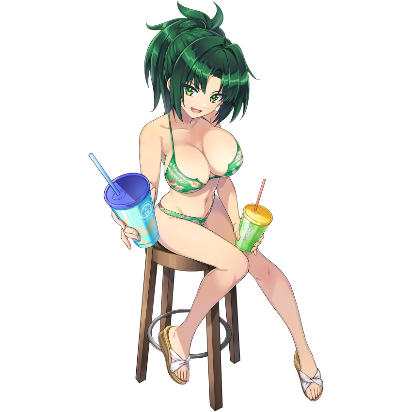 bar_stool bare_legs bikini breasts cleavage cup dolphin_wave drinking_straw female green_eyes green_hair harunami_anri highres holding large_breasts ootomo_takuji sitting solo stool swimsuit transparent_background