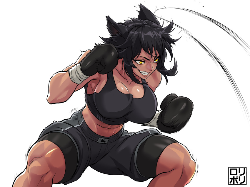 abs animal_ears boxer boxing_gloves boxing_ring boxing_shorts breasts cat_ears cat_girl dark-skinned_female dark_skin dodging female highres jamrolypoly large_breasts leila_(awastedninja) looking_to_the_side mouth_guard muscular muscular_female original shorts signature simple_background solo thick_thighs thighs white_background yellow_eyes