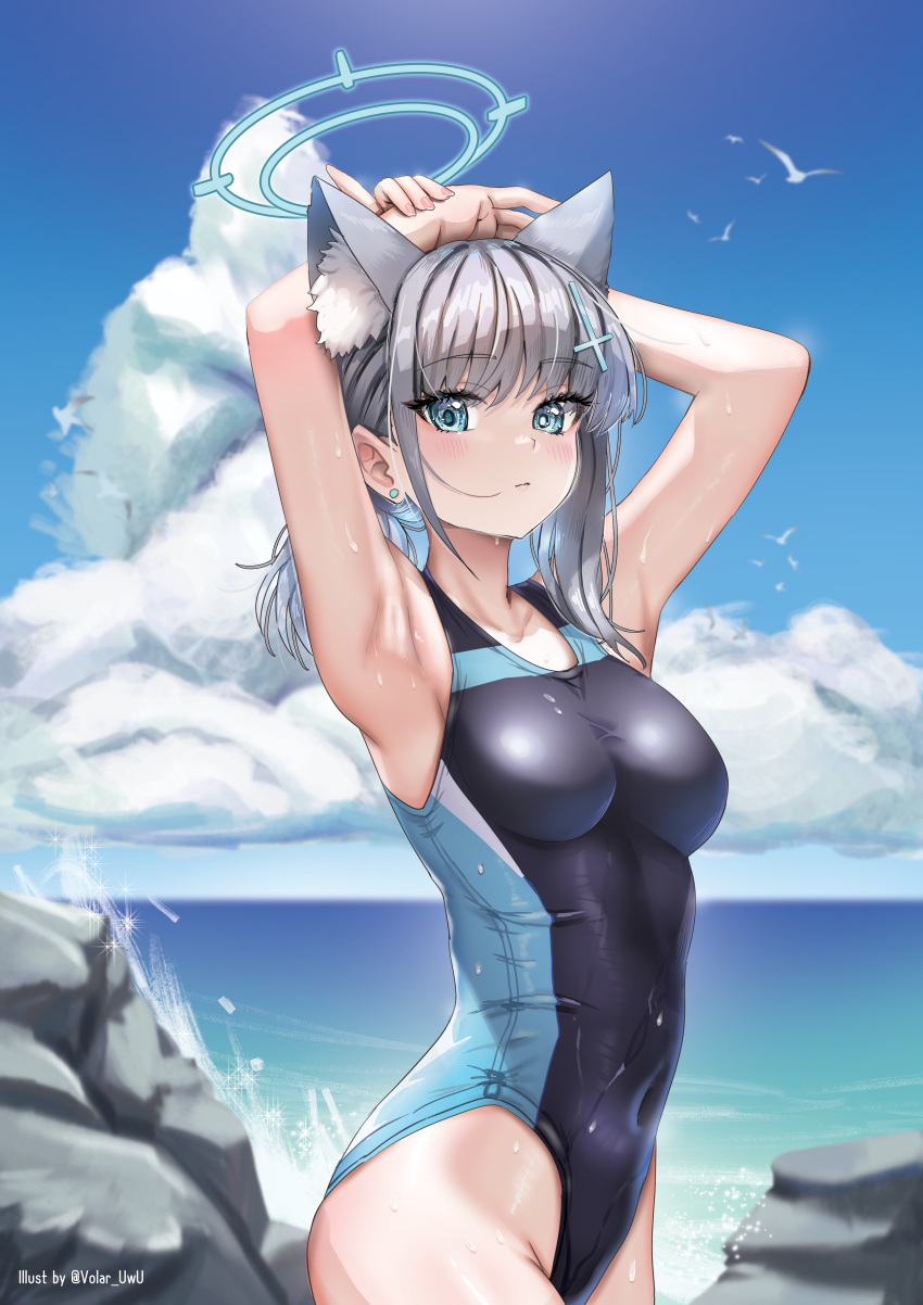 absurdres animal_ear_fluff animal_ears arms_up black_one-piece_swimsuit blue_archive blue_eyes blue_sky breasts cloud competition_swimsuit covered_navel cowboy_shot cross_hair_ornament cumulonimbus_cloud day extra_ears female grey_hair hair_ornament halo hands_on_own_head highres low_ponytail medium_breasts medium_hair mismatched_pupils multicolored_clothes multicolored_swimsuit ocean official_alternate_costume one-piece_swimsuit outdoors rock shiroko_(blue_archive) shiroko_(swimsuit)_(blue_archive) sky solo swimsuit volar_uwu wolf_ears