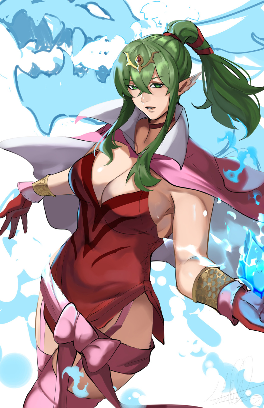 absurdres breasts cape cleavage dragonstone dress female fire_emblem fire_emblem_awakening gloves green_eyes green_hair hair_ornament hair_ribbon highres jewelry large_breasts long_hair looking_at_viewer michael_lavacca pink_cape pink_thighhighs pointy_ears ponytail red_dress red_gloves ribbon short_dress side_slit sideboob simple_background solo teeth thighhighs tiara tiki_(adult)_(fire_emblem) tiki_(fire_emblem) white_background