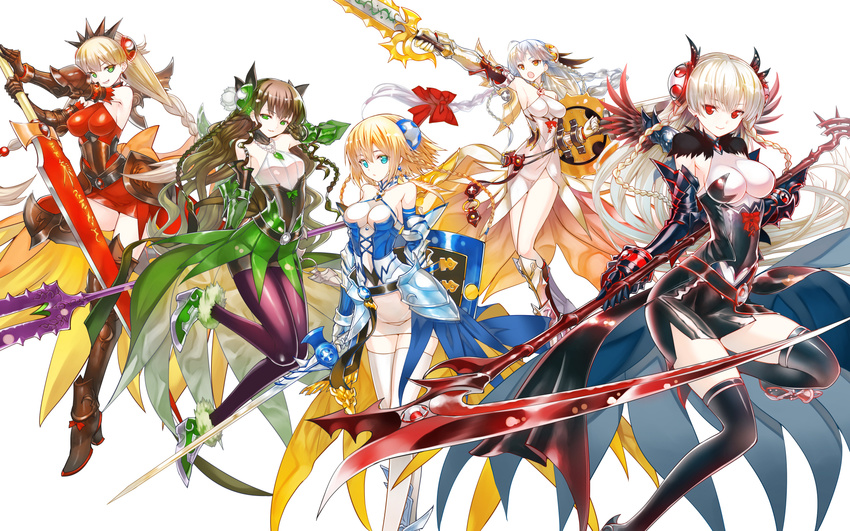 5girls breasts chun_(friendly_sky) commentary dark_valkyrie_(p&d) english_commentary fire_valkyrie_(p&d) highres large_breasts light_valkyrie_(p&d) looking_at_viewer multiple_girls photoshop_(medium) puzzle_&_dragons scythe shield sword valkyrie_(p&d) water_valkyrie_(p&d) weapon wood_valkyrie_(p&d)