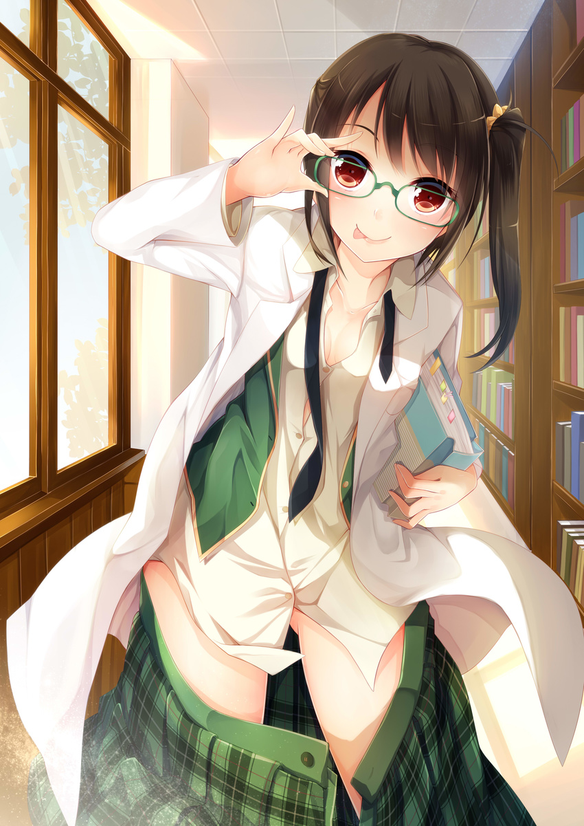 :p absurdres adjusting_eyewear blush boku_wa_tomodachi_ga_sukunai book brown_eyes brown_hair clothes_pull female glasses hair_ornament hatachi highres lab_coat long_hair open_clothes open_shirt school_uniform shiguma_rika side_ponytail skirt skirt_pull smile solo st._chronica_academy_school_uniform tongue tongue_out undressing