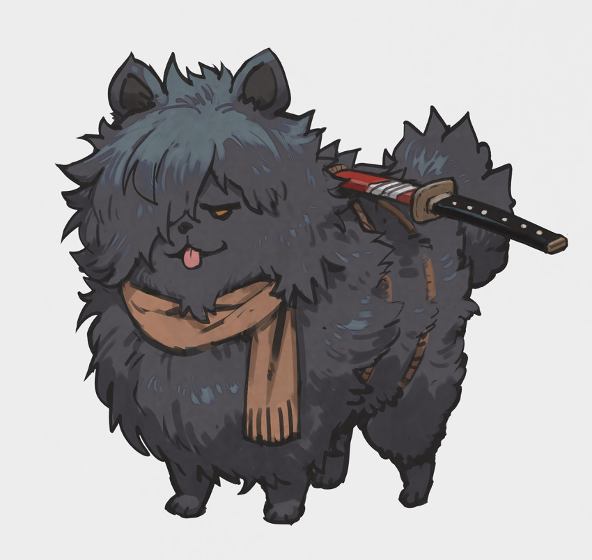 :p animal_focus animalization brown_scarf canine commentary fate/grand_order fate_(series) fluffy full_body grey_background highres jitome katana lack looking_at_viewer no_humans okada_izou_(dog)_(fate) okada_izou_(fate) pomeranian_(dog) scabbard scarf sheath simple_background solo sword tongue tongue_out weapon