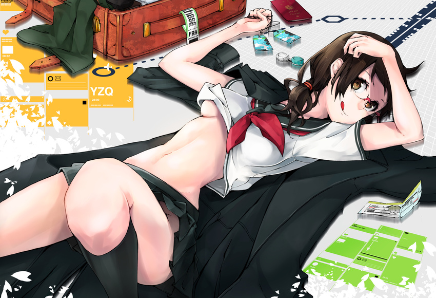 :p black_socks breasts brown_eyes brown_hair commentary_request female glasses isone_kotoha kneehighs long_hair looking_at_viewer luggage lying medium_breasts midriff mille_(dieci) navel no_bra no_panties on_back passport pleated_skirt school_uniform serafuku skirt socks solo suitcase tongue tongue_out twintails underboob yozakura_quartet