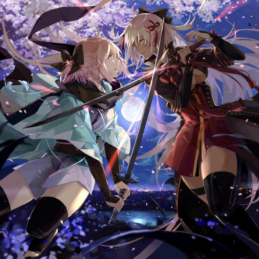 2girls battle black_bow black_scarf black_thighhighs blonde_hair bow breasts cherry_blossoms clash cleavage commentary_request dark-skinned_female dark_skin duel eye_contact face-to-face fate/grand_order fate_(series) floating_hair full_moon grey_kimono hair_ribbon hairbow haori high-waist_skirt highres holding holding_sword holding_weapon japanese_clothes katana kimono lizi_(st3648) long_hair looking_at_another medium_breasts moon multiple_girls night obi okita_souji_(fate) okita_souji_(koha-ace) okita_souji_alter_(fate) open_mouth outdoors profile red_ribbon red_skirt ribbon sash scarf short_kimono skirt smile sword thighhighs very_long_hair weapon white_hair yellow_eyes