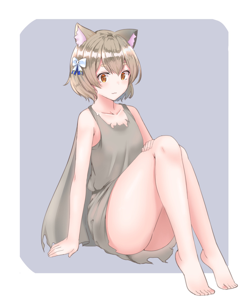 1boy :3 animal_ears arched_soles arm_support ass bare_arms bare_legs bare_shoulders barefoot blue_ribbon blush bob_cut border bow brown_dress brown_hair cape cat_ears closed_mouth collarbone commentary dot_nose dress eyelashes feet felix_argyle full_body hair_between_eyes hair_ribbon hairbow half-closed_eyes hand_on_own_leg highres knees_together_feet_apart knees_up light_smile looking_at_viewer male_focus momose_oden orange_eyes otoko_no_ko outside_border parted_bangs raised_eyebrows re:zero_kara_hajimeru_isekai_seikatsu ribbon shiny_skin short_dress short_eyebrows short_hair silver_background simple_background sleeveless sleeveless_dress solo striped striped_ribbon thick_eyebrows thighs toes torn_clothes torn_dress white_border white_bow