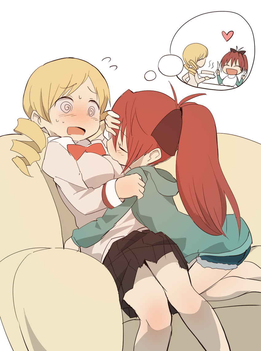 2girls @_@ bib blonde_hair blush breast_sucking breast_sucking_through_clothes breasts commentary_request couch drill_hair food fork hair_ribbon highres imagining knife large_breasts long_hair mahou_shoujo_madoka_magica mahou_shoujo_madoka_magica_(anime) mitakihara_school_uniform multiple_girls no_legwear open_mouth ponytail red_eyes ribbon sakura_kyoko samidare_(hoshi) school_uniform short_hair sitting skirt smile tomoe_mami twin_drills twintails yuri