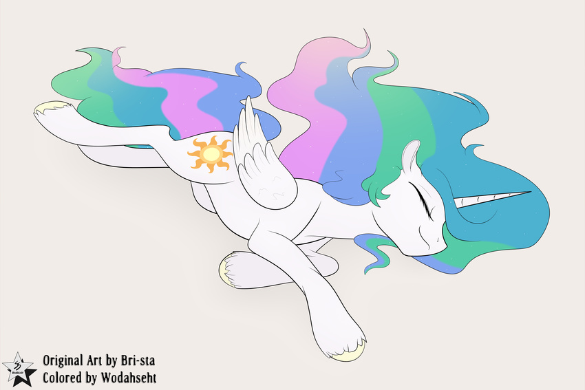 2015 3:2 absurd_res alicorn bri-sta closed_eyes cutie_mark equid equine feathered_wings feathers female feral friendship_is_magic fur grey_background hair hasbro hi_res horn long_hair mammal multicolored_hair my_little_pony mythological_creature mythological_equine mythology pillarbox princess_celestia_(mlp) simple_background sleeping solo white_body white_feathers white_fur wings wodahseht