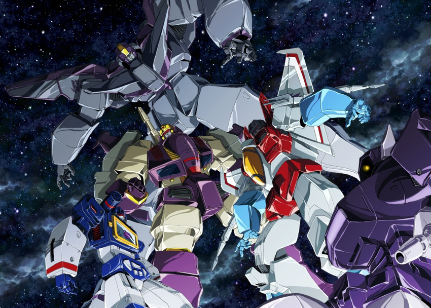 1990s_(style) arm_cannon astrotrain bad_id bad_pixiv_id blitzwing commentary_request decepticon emblem mecha no_humans retro_artstyle robot ryuuichirou_(haineken) science_fiction shockwave_(transformers) soundwave_(transformers) space star_(sky) starscream transformers transformers:_generation_1 weapon zero_gravity