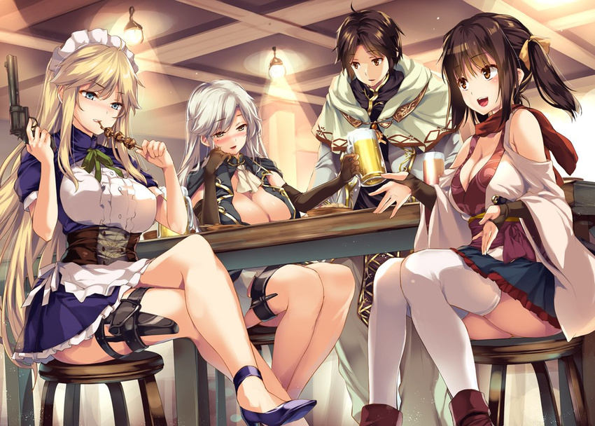 1boy 3girls :d alcohol bad_id bad_twitter_id bare_shoulders beer beer_mug black_gloves black_hair blonde_hair blue_eyes breasts brown_eyes cleavage commentary_request crossed_legs cup detached_sleeves dorei_kara_hajimaru_nariagari_eiyuudensetsu elbow_gloves froth gloves gun hair_ribbon handgun holding holding_cup holding_gun holding_weapon holster juliana_(dorei_kara) large_breasts long_hair lyudmila_(dorei_kara) maid maid_headdress mark_(dorei_kara) monety mug multiple_girls neck_ribbon novel_illustration official_art open_mouth parted_lips puffy_short_sleeves puffy_sleeves red_scarf ribbon robe scarf short_sleeves sitting smile table thigh_holster thighhighs twintails very_long_hair weapon white_hair white_thighhighs wide_sleeves yellow_eyes yolanda_(dorei_kara)