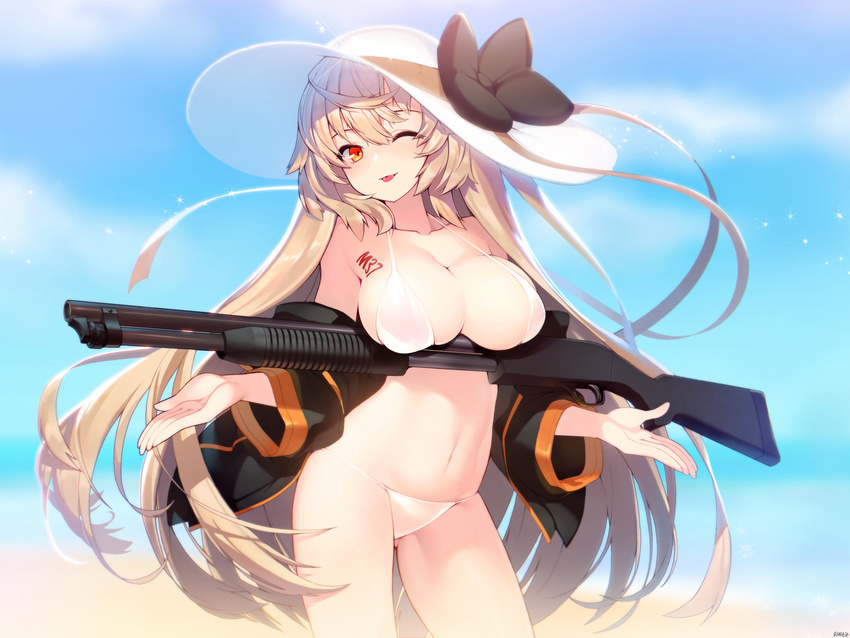 beach bikini black_bow black_jacket blonde_hair bow breasts character_name cleavage commentary cowboy_shot day female girls'_frontline gun halterneck hat hat_bow highres holding holding_weapon jacket large_breasts long_hair looking_at_viewer m37_(girls'_frontline) m37_(summer_parader)_(girls'_frontline) navel official_alternate_costume one_eye_closed outdoors red_eyes rheez shotgun smile solo sparkle standing sun_hat sunlight swimsuit tattoo tongue tongue_out very_long_hair weapon white_bikini white_hat