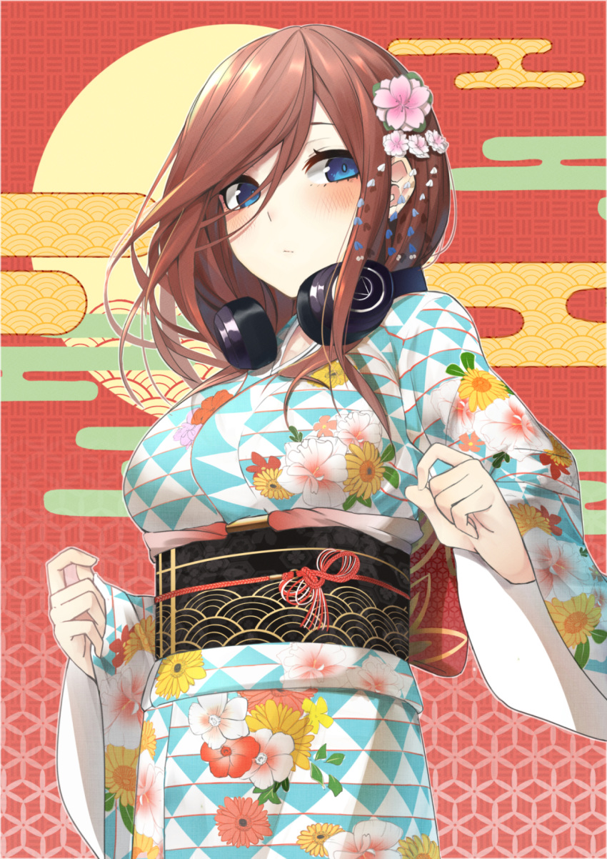 blue_eyes blush breasts brown_hair closed_mouth commentary female flower go-toubun_no_hanayome hair_between_eyes hair_flower hair_ornament hands_up headphones headphones_around_neck highres japanese_clothes kimono large_breasts long_hair looking_at_viewer multicolored_clothes multicolored_kimono nakano_miku obi sash solo tareme tittu wide_sleeves