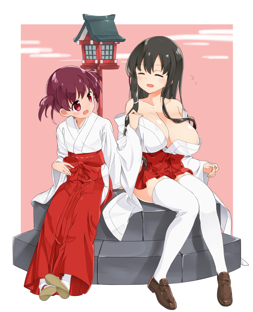 2girls black_hair blush breasts brown_hair cleavage closed_eyes collarbone commentary_request cosplay costume_switch eyebrows flying_sweatdrops full_body hair_between_eyes hakama hakama_short_skirt hakama_skirt highres huge_breasts iwato_kasumi japanese_clothes lantern long_hair miko multiple_girls numenume_(powa-ogutyogutyo) off_shoulder open_mouth red_eyes red_hakama saki_(manga) sandals short_hair short_twintails sitting skirt thighhighs twintails usuzumi_hatsumi white_legwear wide_sleeves zouri