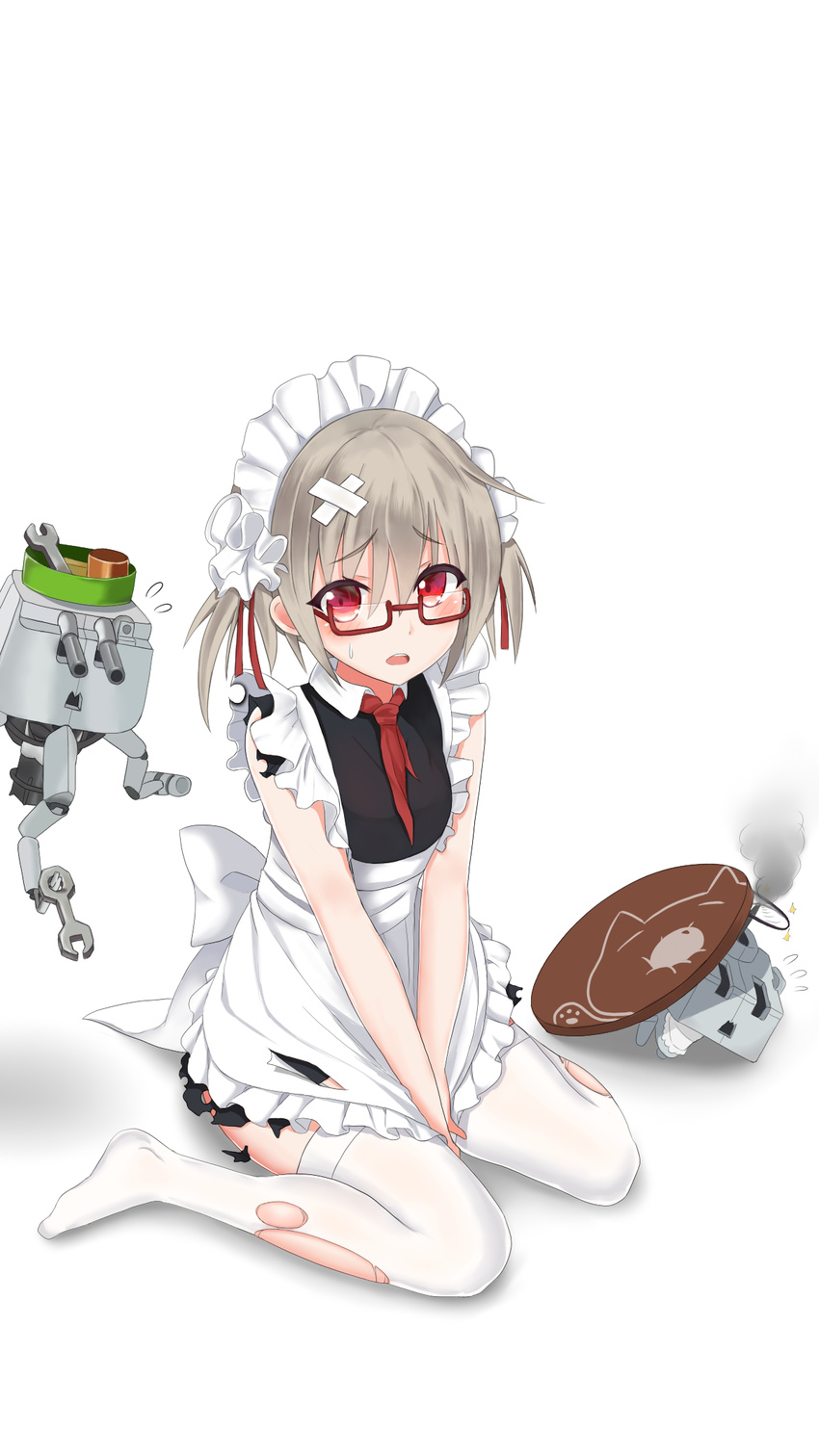 apron bandages blush commentary_request covering_crotch covering_privates female frills glasses grey_hair hibiki_(warship_girls_r) highres looking_at_viewer maid maid_apron maid_headdress md5_mismatch necktie on_floor open_mouth red-framed_eyewear red_eyes sasya semi-rimless_eyewear short_hair sitting solo sweatdrop thighhighs torn_clothes torn_thighhighs two_side_up under-rim_eyewear v_arms verniy_(warship_girls_r) wariza warship_girls_r white_thighhighs wrench