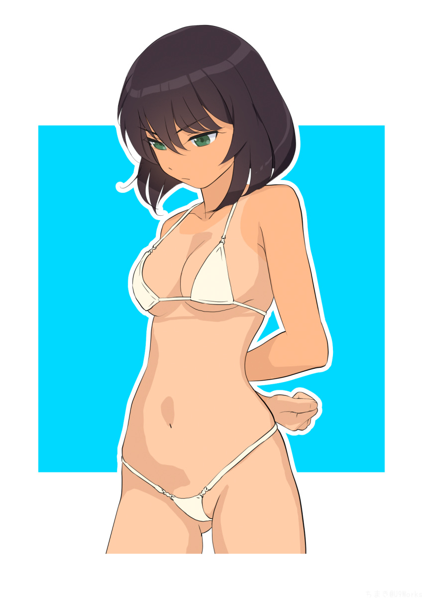 akagi_(fmttps) bikini blue_background border breasts brown_hair cleavage female girls_und_panzer gluteal_fold green_eyes hair_between_eyes highres hoshino_(girls_und_panzer) micro_bikini navel outside_border short_hair small_breasts solo swimsuit swimsuit_tan tan tanline white_bikini white_border