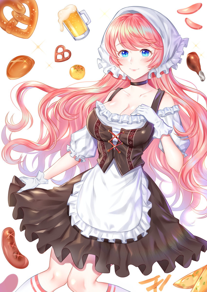 absurdres apron black_skirt blue_eyes breasts choker cleavage collarbone commentary_request detached_sleeves female floating_hair gloves highres kneehighs large_breasts long_hair original pink_hair shiny_skin simple_background skirt skirt_hold smile socks solo ubi_(ekdus6080) very_long_hair white_apron white_background white_gloves white_socks