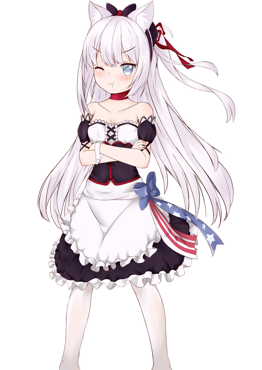 absurdres animal_ears azur_lane bad_id bad_pixiv_id blue_eyes blush breasts collarbone crossed_arms female fuyuki030 hammann_(azur_lane) hammann_(retrofit)_(azur_lane) highres long_hair looking_at_viewer pantyhose small_breasts solo tsundere white_background white_pantyhose