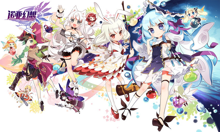 animal_ears bunny_ears cleavage eyepatch fairy garter gun heels japanese_clothes neko_sakana noah_fantasy tail weapon wings